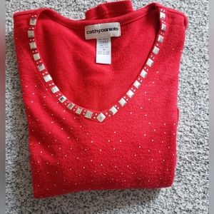 Cathy Daniels 3/4 sleeve v-neck sweater 1X Red with embelishments